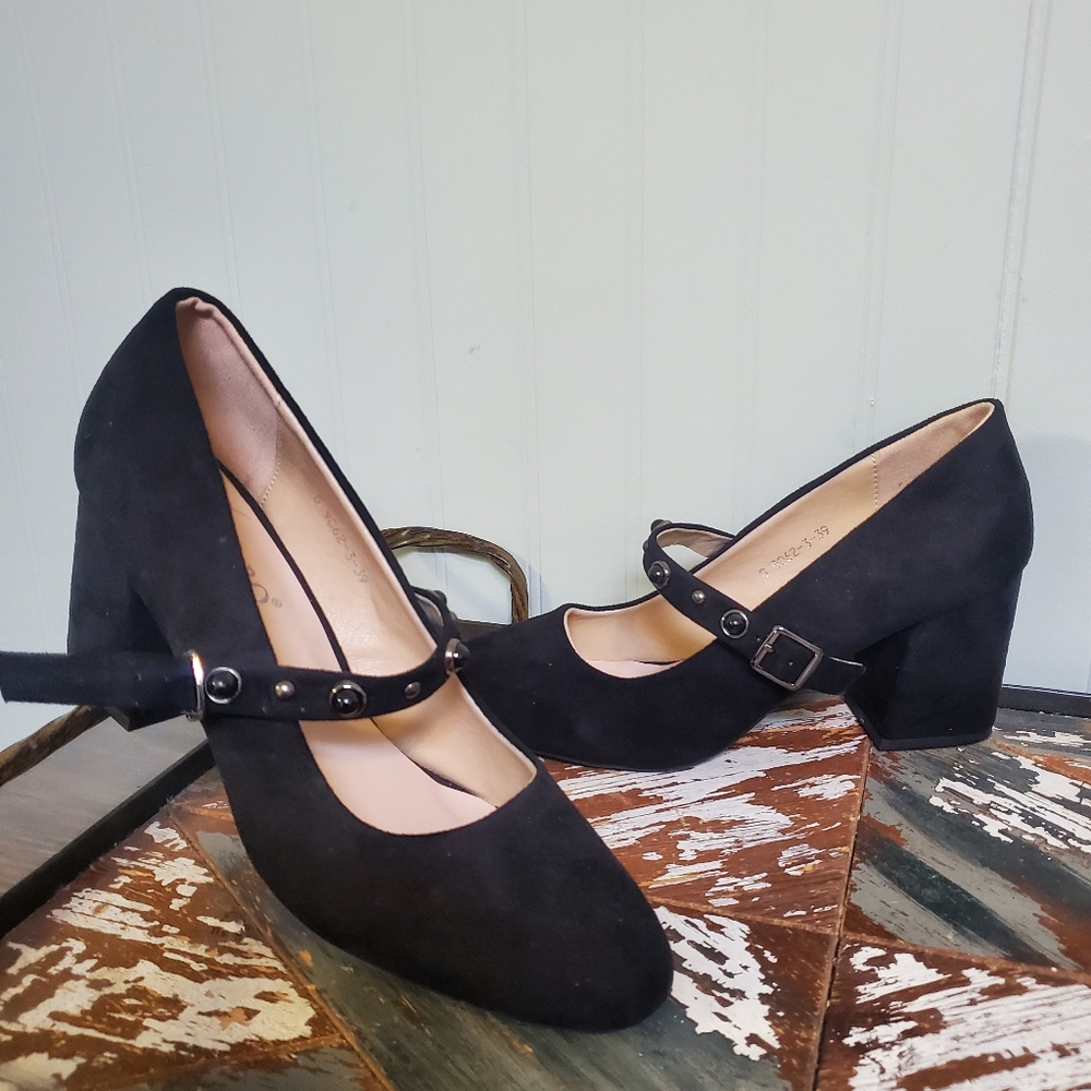 Pinup Block Heels Black Suede Jeweled Strap EU 39